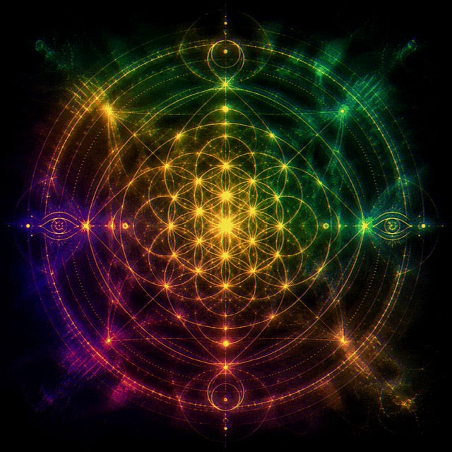 Animated sacred geometry diagram pulsing with color
